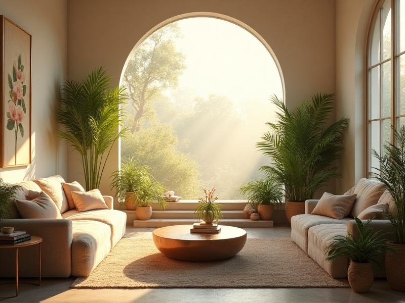 A serene living room with soft, warm lighting, featuring a cozy sofa, a wooden coffee table, and a large window allowing natural light to flood the space. The room is decorated with green plants and a small water fountain, creating a balanced and calming atmosphere.