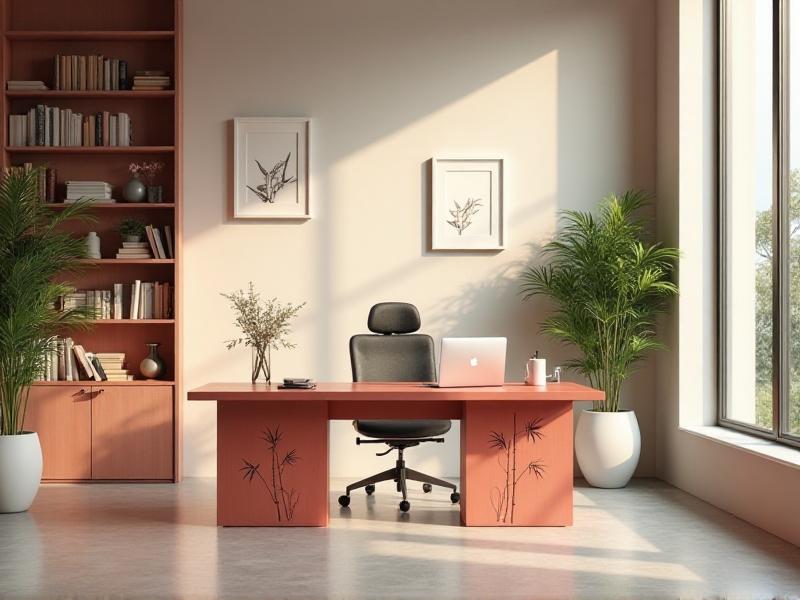 A modern office space designed with Feng Shui principles, featuring a clean and organized desk, natural light, and indoor plants. The room is decorated with calming colors and minimalistic decor, creating an environment that promotes focus, creativity, and productivity.