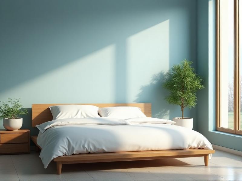 A tranquil bedroom designed with Feng Shui principles, featuring a low wooden bed with crisp white linens, soft blue walls, and a large window allowing natural light to flood the room. A small potted plant sits on the nightstand, adding a touch of nature. The overall mood is peaceful and restful, with a focus on promoting relaxation and rejuvenation.