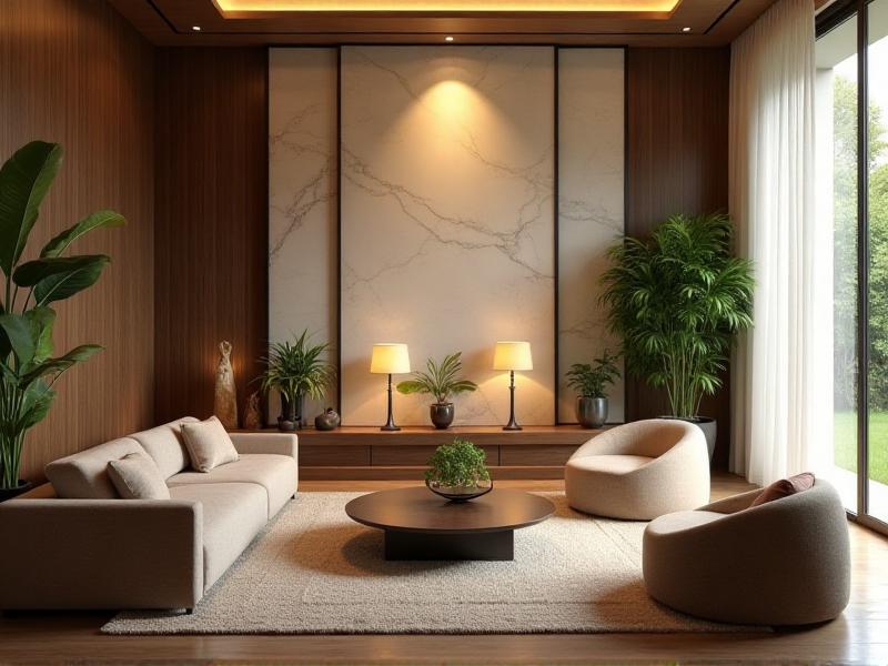 A serene living room designed with Feng Shui principles, featuring a harmonious arrangement of furniture, soft natural lighting, and a balance of earthy tones and greenery to promote positive energy flow.