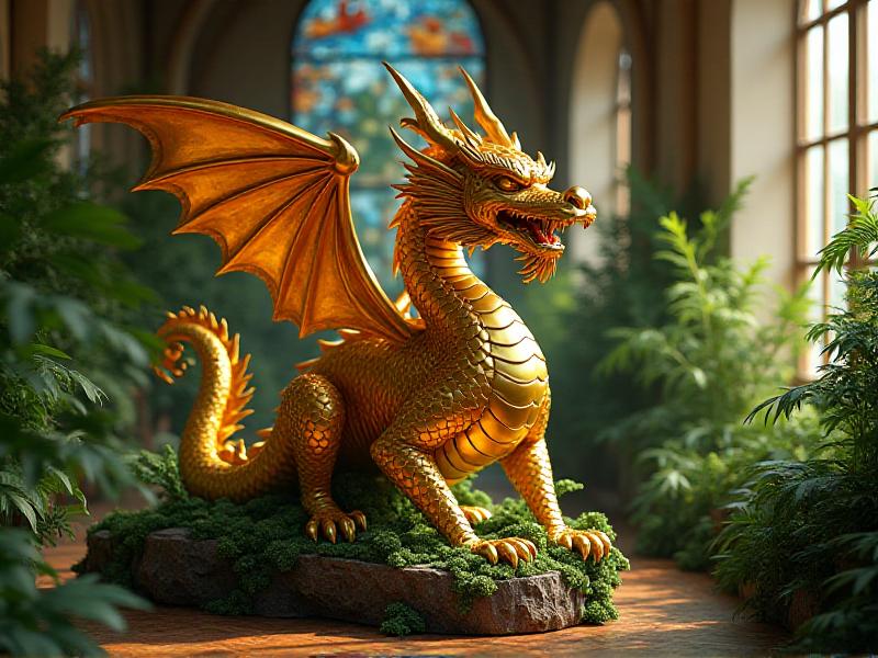 A majestic golden dragon statue perched on a wooden stand, surrounded by lush green plants. The dragon's scales shimmer in the sunlight, and its fierce eyes seem to watch over the room with a protective gaze.