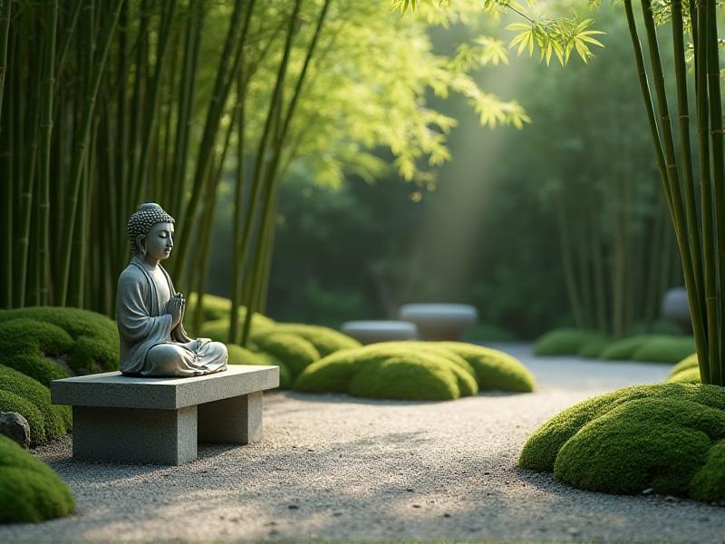 A minimalist Zen garden with a small gravel area raked into smooth, flowing patterns. A stone bench sits in the corner, surrounded by tall bamboo stalks and soft green moss. A small stone statue of Buddha is placed in the center, creating a focal point for meditation and reflection. The scene is bathed in soft, diffused light, creating a peaceful and calming atmosphere.