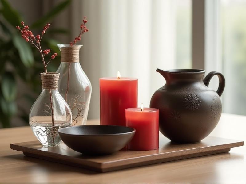 A decorative arrangement showcasing the five Feng Shui elements: a wooden bowl, a red candle, a ceramic pot, a metal sculpture, and a glass vase with water. The items are thoughtfully placed on a neutral-colored table, creating a balanced and harmonious composition.