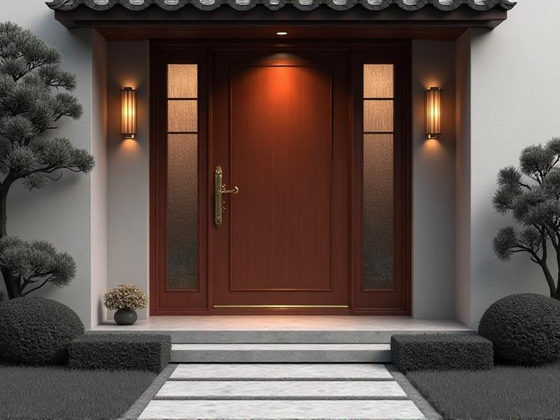 A well-maintained front door with fresh paint, polished hardware, and a clean, clutter-free entrance, symbolizing continuous positive energy flow in Feng Shui.