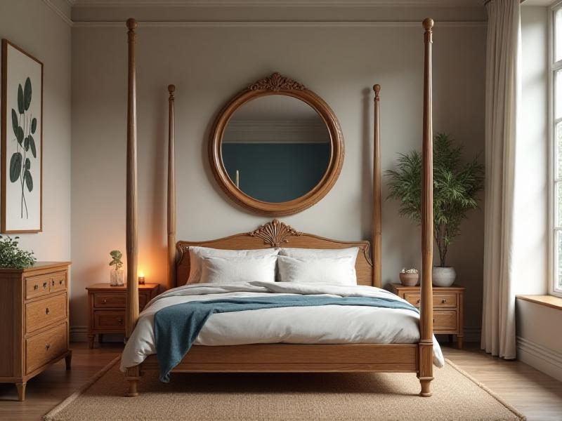 A bedroom with a balanced arrangement of furniture, allowing energy to flow freely throughout the space. The bed is placed against a solid wall, with nightstands on either side, and a dresser is positioned in a corner to avoid blocking pathways. A large mirror is placed on one wall, reflecting natural light and enhancing the flow of energy. The overall atmosphere is open, harmonious, and conducive to restful sleep.