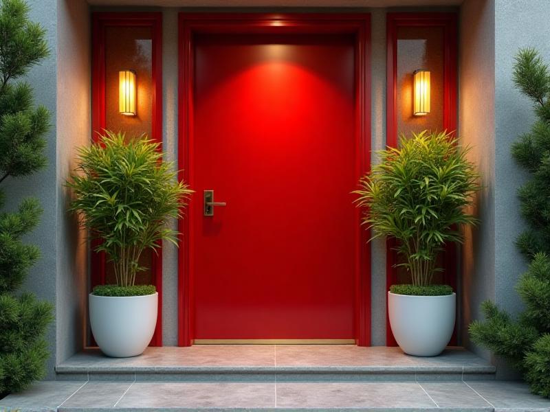 A welcoming front entrance designed with Feng Shui principles, featuring a bright red door symbolizing good luck, flanked by two potted plants with lush green leaves. The pathway is lined with smooth stones and soft outdoor lighting, creating a warm and inviting atmosphere. The overall mood is cheerful and harmonious, with a focus on positive energy flow.