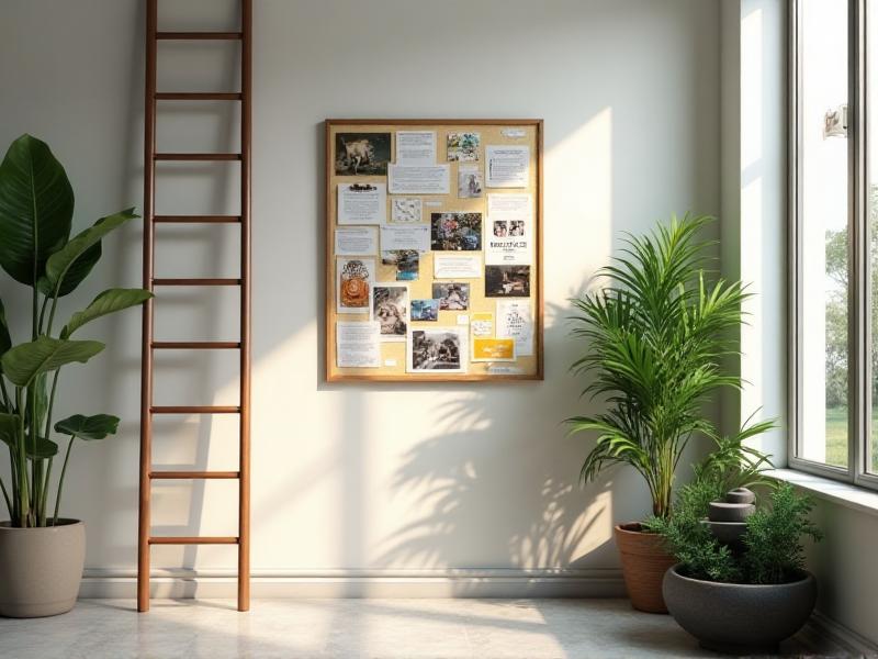 A clean and organized north area of a home, featuring a career ladder, a vision board, and a small tabletop fountain. The area is free of clutter, allowing the flow of Chi to attract opportunities. The overall atmosphere is focused and successful, with a focus on career advancement.