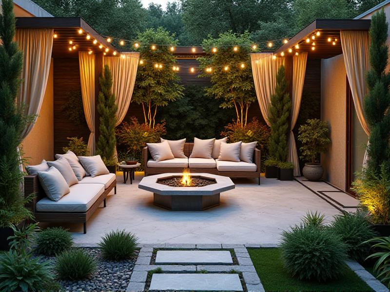 A modern outdoor patio with comfortable seating, soft lighting, and a small water feature. The space is surrounded by lush greenery and natural materials, creating a peaceful and relaxing environment that promotes positive energy flow.