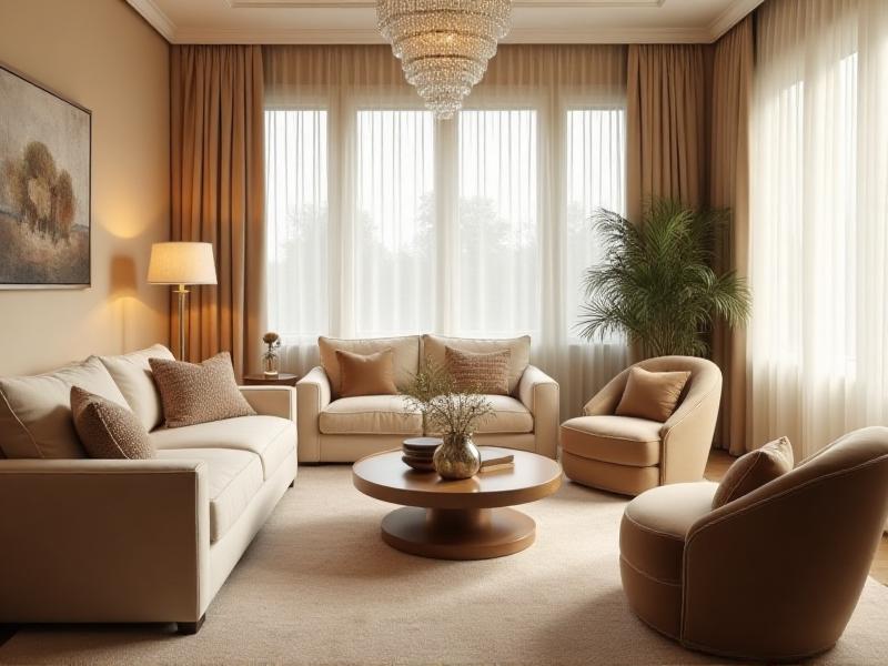 A well-organized living room with a circular seating arrangement, featuring a comfortable sofa and armchairs placed around a central coffee table. The room has a warm, inviting atmosphere with soft lighting and a clear pathway for energy to flow.