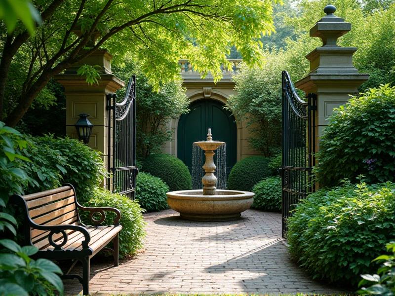 A front entrance surrounded by lush greenery, a small stone fountain, and a wooden bench, creating a serene and balanced Feng Shui environment.