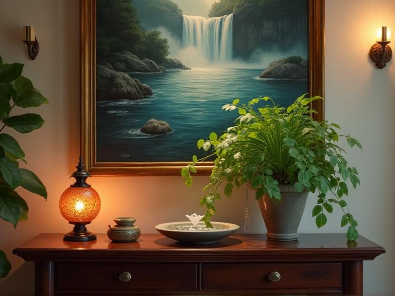 A vibrant southeast corner of a room, adorned with a healthy money plant, a small tabletop fountain, and a painting of a flowing river, all arranged to promote wealth and abundance according to Feng Shui principles.