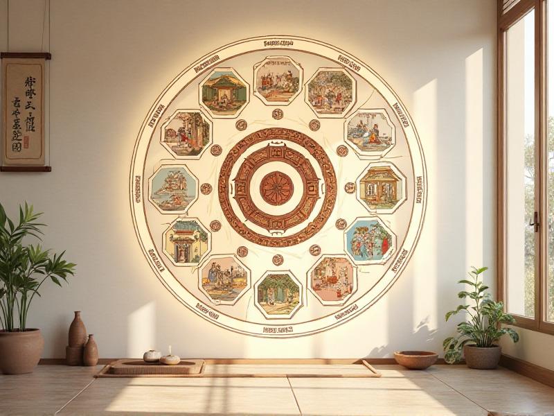 A detailed illustration of the Bagua Map showing nine distinct sections, each labeled with its corresponding life aspect. The map is overlaid on a floor plan of a home, with arrows indicating the flow of energy between the areas. The background features soft, calming colors to evoke a sense of harmony.