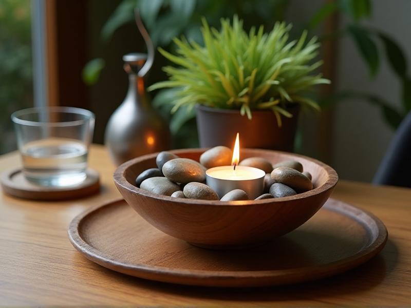 A beautifully arranged display of the five Feng Shui elements: a wooden bowl filled with smooth stones (earth), a candle (fire), a metal sculpture, a glass of water, and a potted plant (wood). The arrangement is set on a wooden table with soft lighting, creating a balanced and peaceful atmosphere.