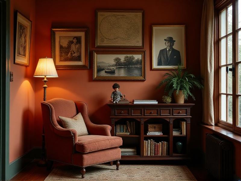 A cozy reading nook with a comfortable armchair, a bookshelf filled with personal mementos, and a gallery wall of family photos and artwork. The space is illuminated by a soft table lamp, creating a warm and inviting atmosphere.