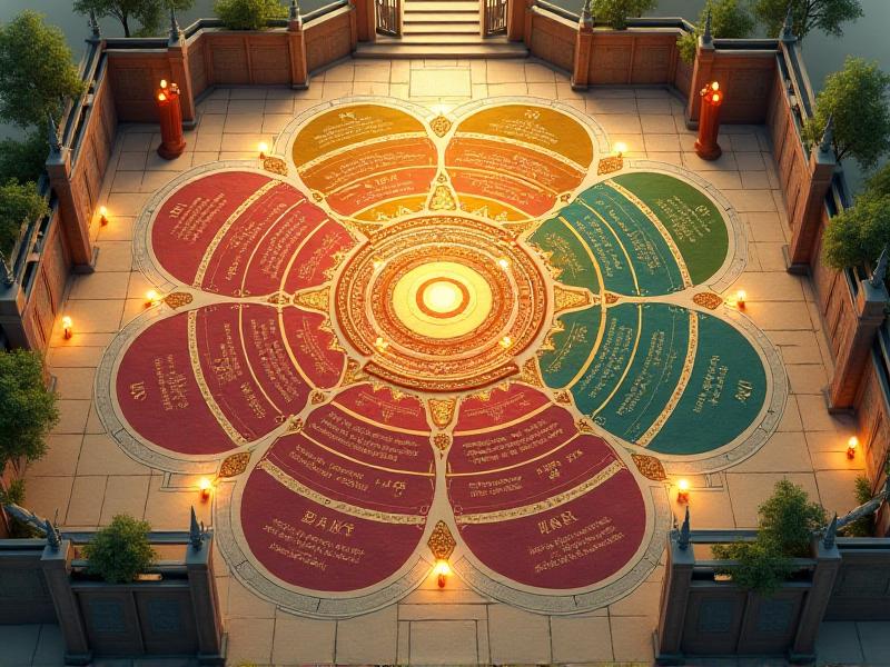 A colorful Bagua Map overlaid on a floor plan, showing the nine energy zones of a home. Each zone is labeled with its corresponding life aspect, such as wealth, health, and relationships, and is color-coded for easy reference.