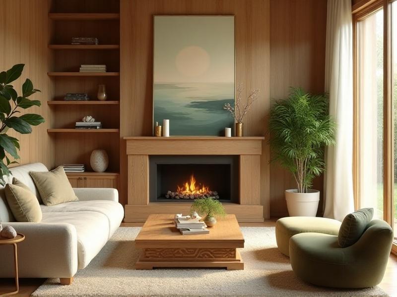 A serene living room designed with Feng Shui principles, featuring a balanced arrangement of wooden furniture, soft green accents, and natural light streaming through large windows. The space exudes tranquility and harmony, with a minimalist aesthetic that promotes the free flow of energy.