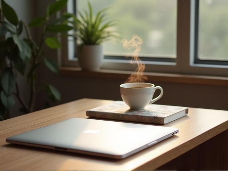 A clean and organized desk with a laptop, a notebook, and a cup of coffee neatly arranged. The desk is free of clutter, with only essential items in view. A small potted plant sits on the corner, adding a touch of nature to the workspace. The minimalist setup promotes focus and productivity.