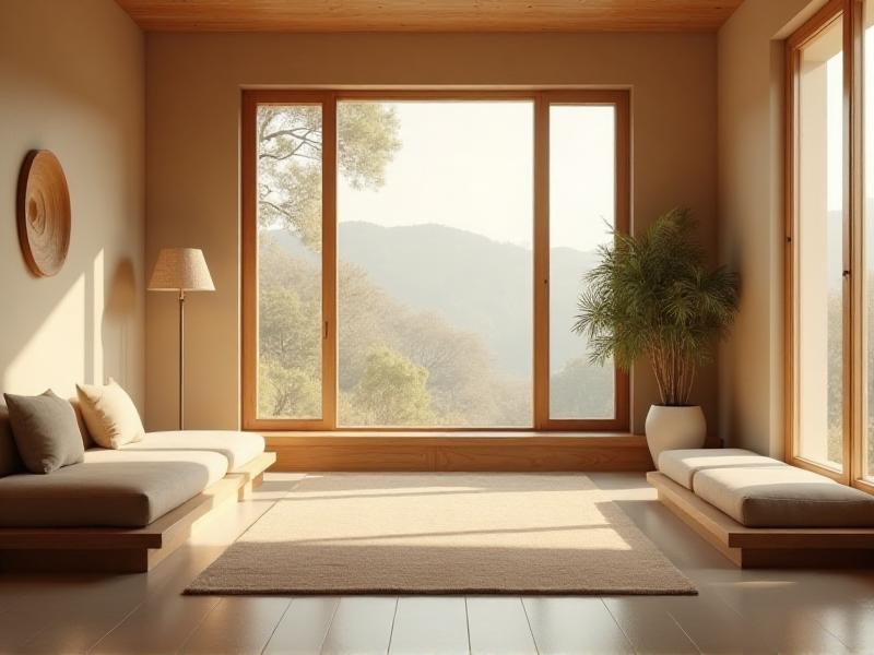 A serene living room designed with Feng Shui principles, featuring a minimalist layout, natural wood furniture, soft beige tones, and a large window allowing natural light to flood the space. The room exudes calmness and balance, with a small indoor plant adding a touch of greenery.