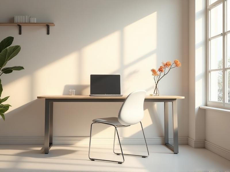 A modern home office with a sleek metal desk, a white chair, and a silver laptop. The room is illuminated by natural light, creating a bright and focused workspace.