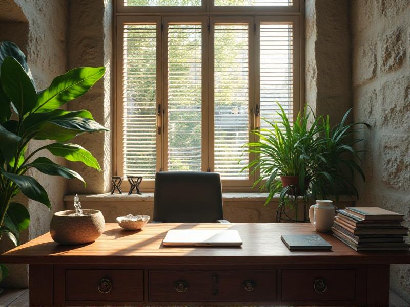 A cozy office space with a wooden desk, a stone paperweight, and a small tabletop fountain. A lush green plant with rounded leaves sits on the desk, next to a laptop and a stack of books. The room is filled with natural light, creating a fresh and invigorating atmosphere.