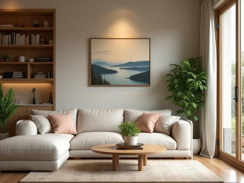 A serene and harmonious home interior, featuring a balanced arrangement of furniture, soft lighting, and natural elements like plants and wood. The space exudes a sense of peace and tranquility, with every detail thoughtfully chosen to create a harmonious environment.