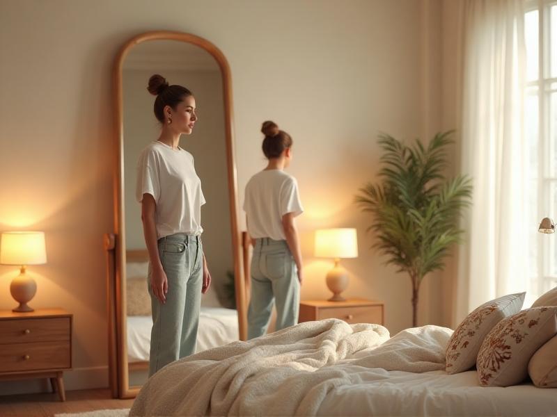 A full-length mirror in a bedroom, reflecting a person standing confidently in front of it. The mirror is framed in a soft, natural wood, and the room is filled with warm, inviting light. The person's reflection is clear and positive, enhancing their sense of self-confidence and well-being.