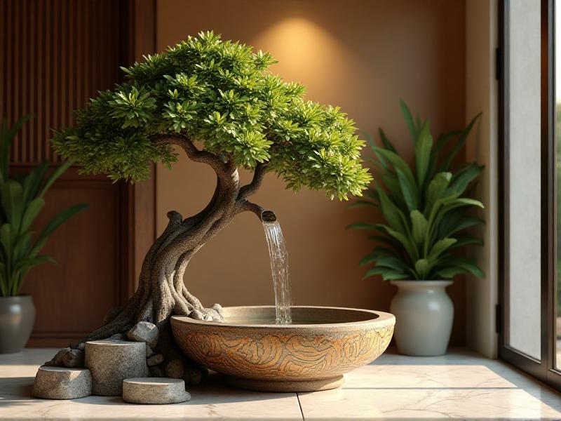 A clean and organized southeast corner of a home, featuring a wealth bowl, a money tree, and a small tabletop fountain. The area is free of clutter, allowing the flow of Chi to attract abundance. The overall atmosphere is prosperous and inviting, with a focus on wealth and prosperity.