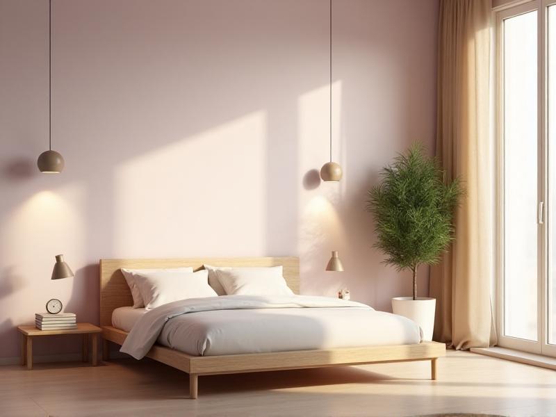 A minimalist bedroom with neatly arranged furniture, soft pastel colors, and natural light streaming through large windows. The room is free of clutter, with only essential items like a bed, a nightstand, and a small plant, creating a serene and calming environment.