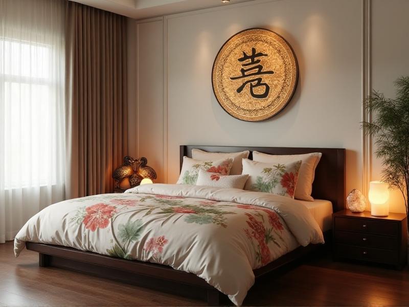 A bedroom adorned with Feng Shui symbols like the double happiness symbol, rose quartz crystals, and mandarin ducks, illustrating the use of positive symbols for better sleep and harmony.