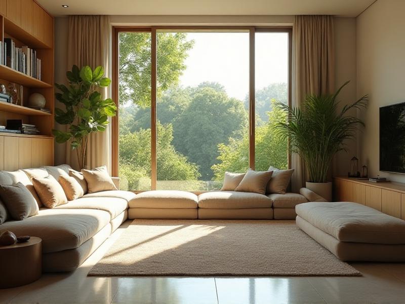 A spacious, decluttered living room with a comfortable sofa, a few decorative pillows, and a large window offering a view of a lush garden. The room is bathed in natural light, creating a bright and airy atmosphere. The overall mood is one of tranquility and abundance, symbolizing the long-term benefits of maintaining a decluttered and harmonious space.