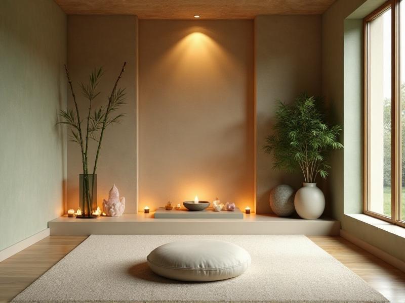 A sacred space designed with Feng Shui principles, featuring a meditation cushion, a small altar with candles and crystals, and soft, natural lighting. The space is decorated with calming colors and natural materials, creating a peaceful and introspective atmosphere.