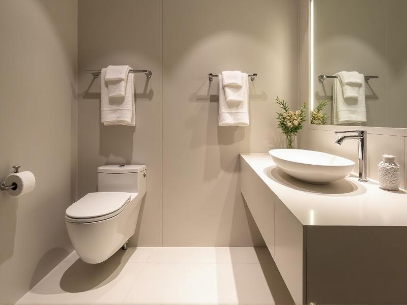 A bathroom with the toilet discreetly placed in a corner, away from the door. The toilet lid is closed, and the space around it is clean and uncluttered, promoting a sense of order and balance.