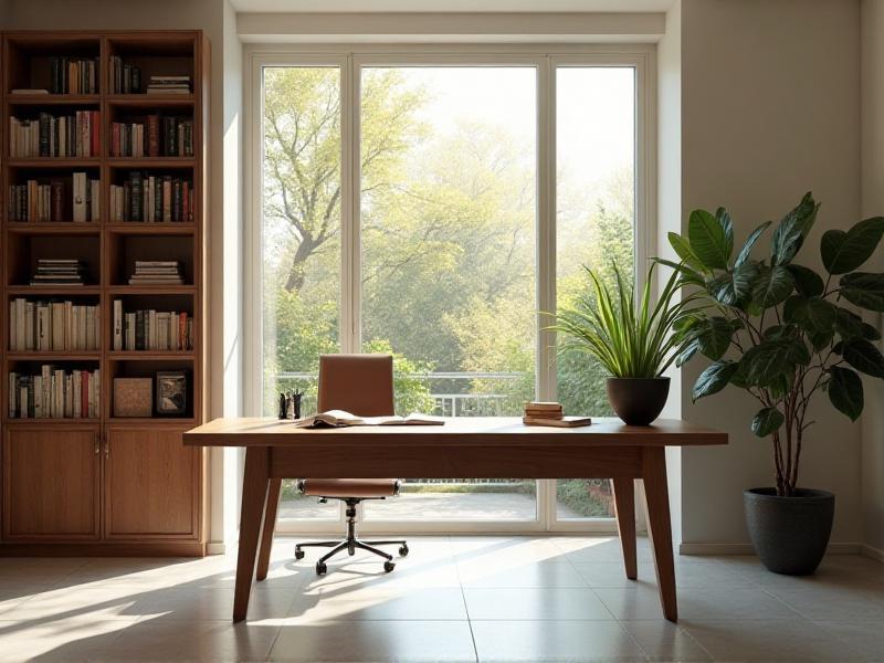 A modern home office bathed in natural light, with a large desk positioned near a window overlooking a lush garden. The room features a sleek, ergonomic chair, a potted plant on the desk, and a bookshelf filled with neatly organized books. The space feels open, airy, and conducive to focused work.