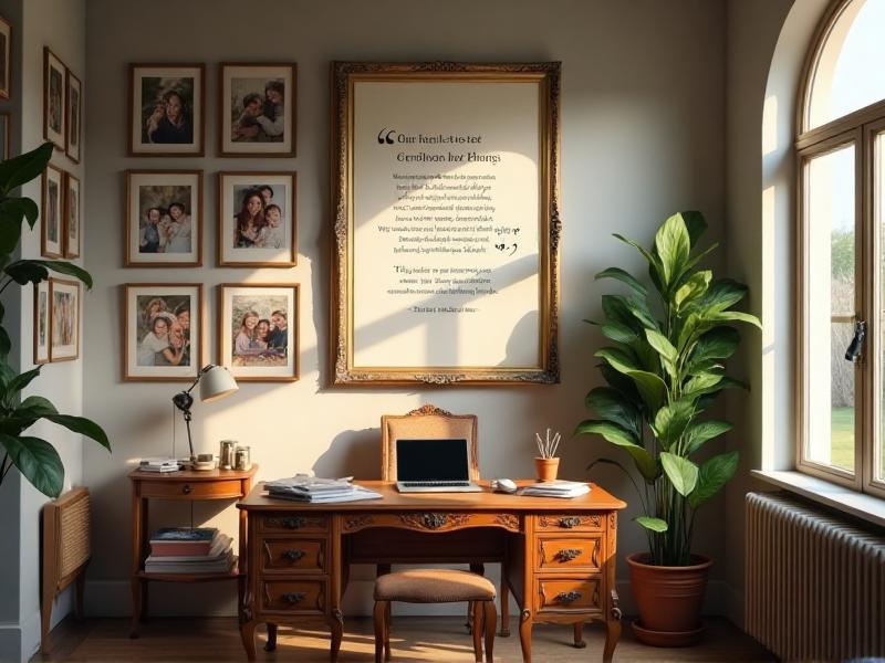 A personalized home office with a framed motivational quote on the wall, a few family photos, and a small potted plant, creating a warm and inspiring atmosphere.