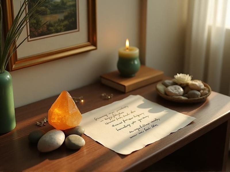 A small, serene altar in a quiet corner of a home, featuring a citrine crystal, a green candle, and a handwritten affirmation, all arranged to focus intentions on attracting wealth and abundance.