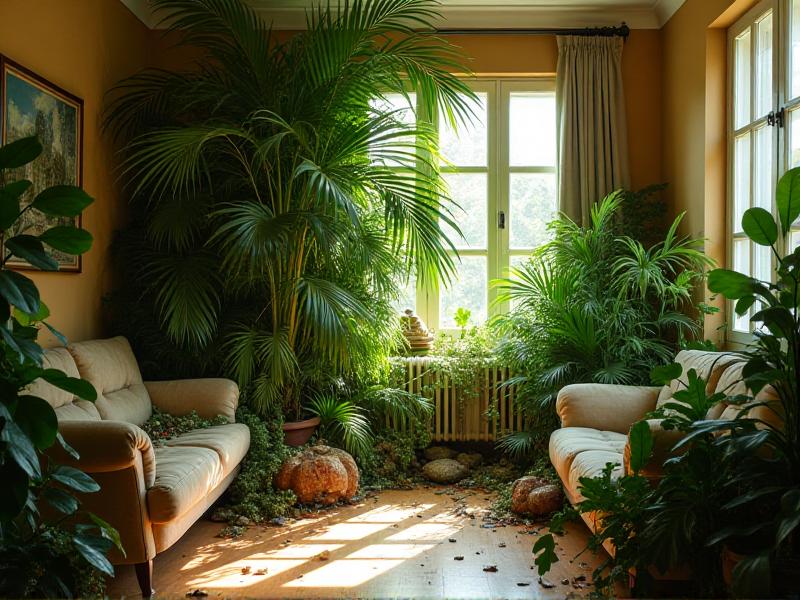 A cluttered living room with too many plants crammed into a small space, creating a sense of chaos. A large palm tree blocks a doorway, while a pile of dead leaves sits in the corner. The image serves as a visual reminder of what not to do in Feng Shui plant placement.