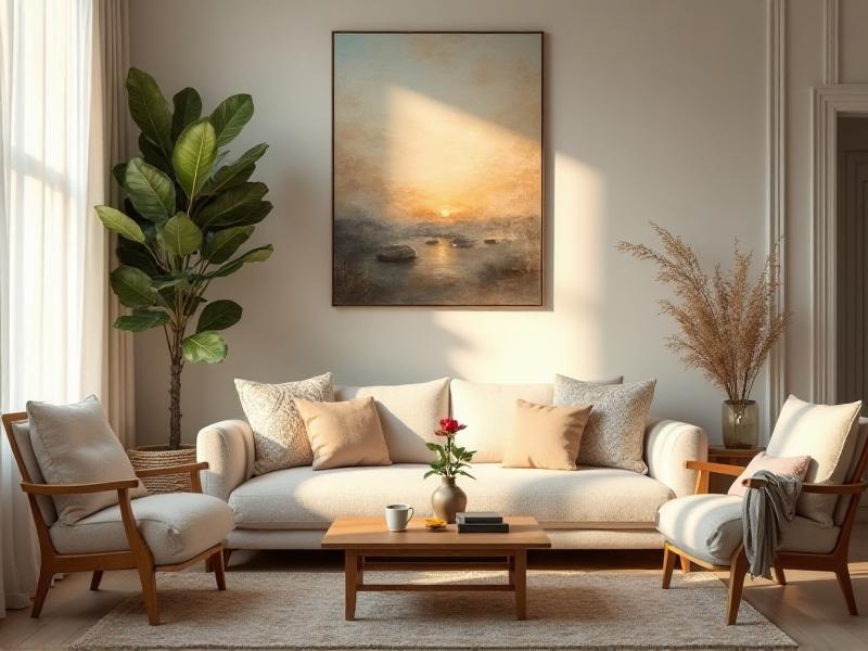 A serene living room with soft natural lighting, featuring a cozy sofa, a low wooden coffee table, and a large potted plant in the corner. The room is decorated with earthy tones, soft fabrics, and a few carefully placed decorative items, creating a harmonious and inviting atmosphere.