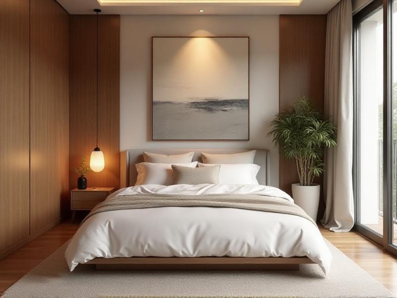 A well-maintained bedroom with a harmonious arrangement of furniture, calming colors, and natural elements, showcasing the importance of a balanced environment in Feng Shui for better sleep.