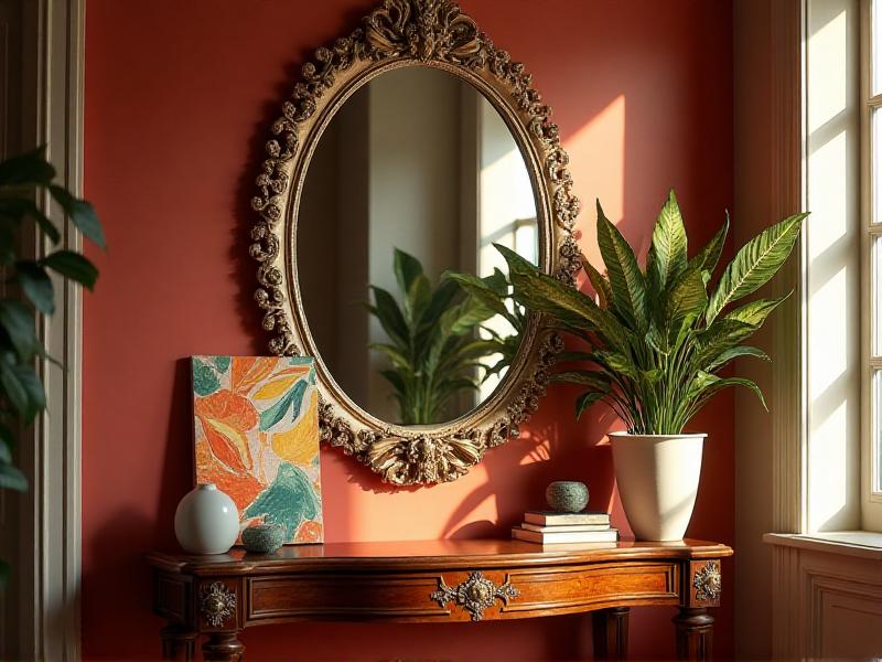 A large, ornate mirror placed above a console table, reflecting a vibrant indoor plant and a piece of abstract art, strategically positioned to amplify wealth energy and create a sense of abundance in the room.