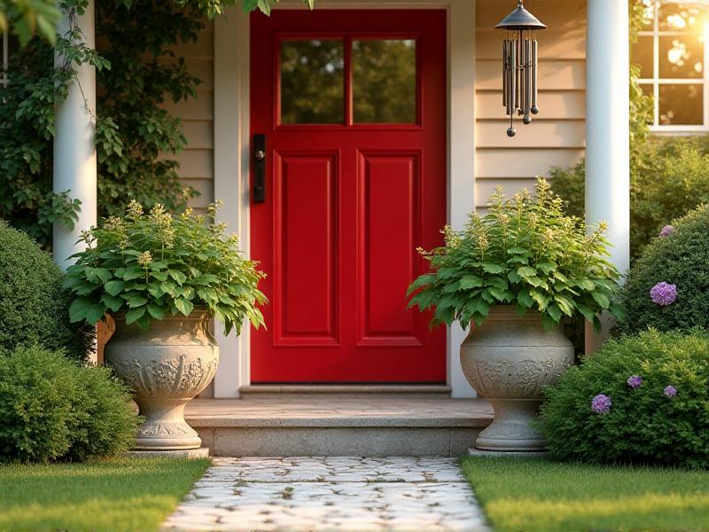 A bright and inviting front door painted in a vibrant red color, flanked by two large potted plants with lush green leaves. A decorative wind chime hangs above the door, gently swaying in the breeze. The pathway leading to the door is clean and well-maintained, creating a welcoming entrance filled with positive energy.