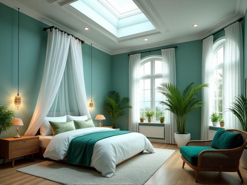 A modern bedroom with walls painted in soft blue tones, complemented by green accents in the bedding and plants. The room is bathed in natural light, creating a peaceful and calming atmosphere conducive to rest and relaxation.