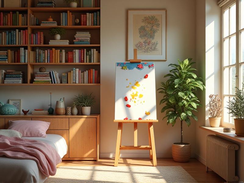 A bright and creative west area of a home, featuring a bookshelf, an art easel, and a small metal sculpture. The area is free of clutter, allowing the flow of Chi to support a child's growth and development. The overall atmosphere is playful and inspiring, with a focus on creativity and learning.