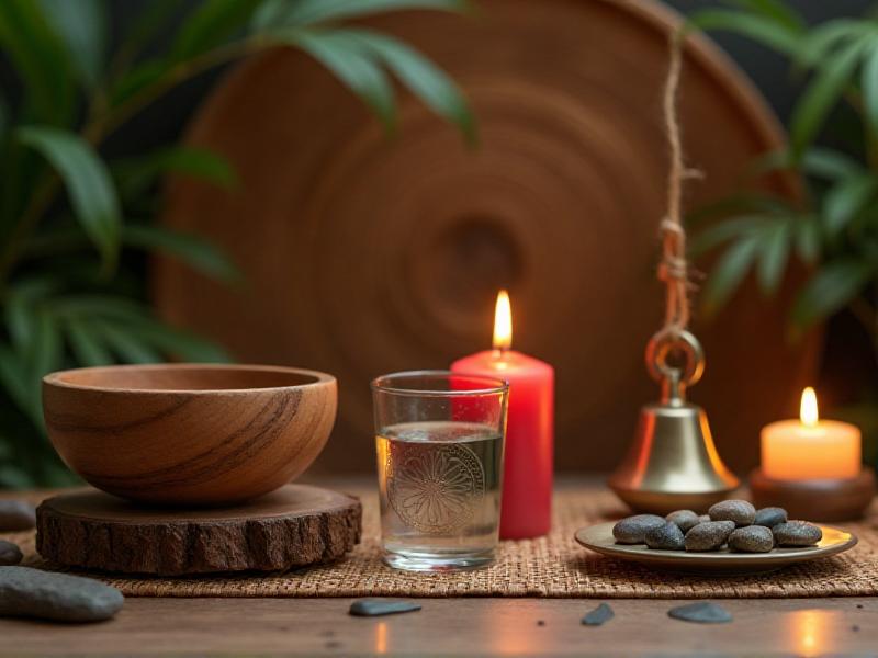 A beautifully arranged Feng Shui altar showcasing the five elements: a wooden bowl (Wood), a red candle (Fire), a clay pot (Earth), a metal bell (Metal), and a glass of water (Water). The arrangement is set against a backdrop of natural textures and soft lighting, creating a peaceful and balanced atmosphere.