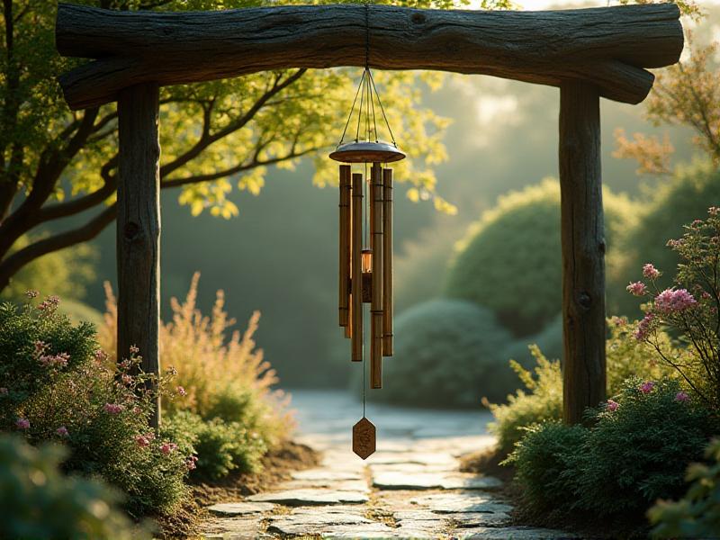 A delicate wind chime made of bamboo and metal, hanging from a wooden beam in a garden. The chime sways gently in the breeze, producing a soft, melodic sound that creates a sense of peace and harmony. The surrounding plants and flowers add to the tranquil atmosphere.