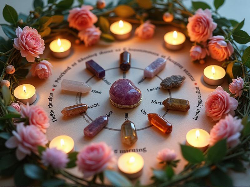 A vision board featuring a variety of crystals, each labeled with a specific intention such as love, wealth, and health. The board is surrounded by candles and fresh flowers, creating a focused and intentional atmosphere. The image illustrates the use of crystals to manifest specific Feng Shui goals.