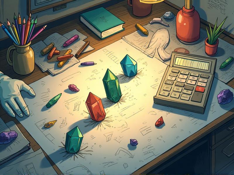 A cluttered desk with crystals scattered haphazardly among papers and office supplies. The image conveys the idea of improper crystal placement and the importance of mindful arrangement in Feng Shui practices.