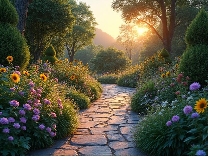 A serene garden with a clear pathway lined with colorful flowers and plants. A small fountain provides the soothing sound of running water, while wooden benches and stone pathways create a balanced environment. The overall atmosphere is peaceful and inviting, perfect for connecting with nature and recharging your energy.