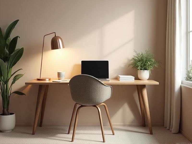 A clean and organized home office with a bright desk lamp illuminating a tidy workspace. The room is free of clutter, allowing positive energy to flow freely and creating a productive and inspiring environment.