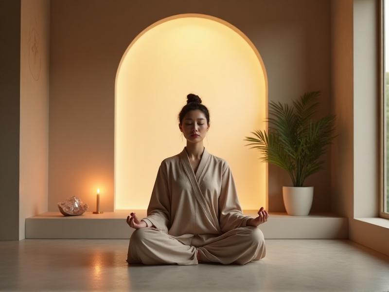 A person sitting in a meditative pose in the center of a decluttered room, surrounded by a few meaningful items like a candle, a crystal, and a small plant. The room is filled with soft, diffused light, creating a serene and sacred atmosphere. The person appears deeply focused and at peace, embodying the spiritual connection that can be achieved through the practice of decluttering.