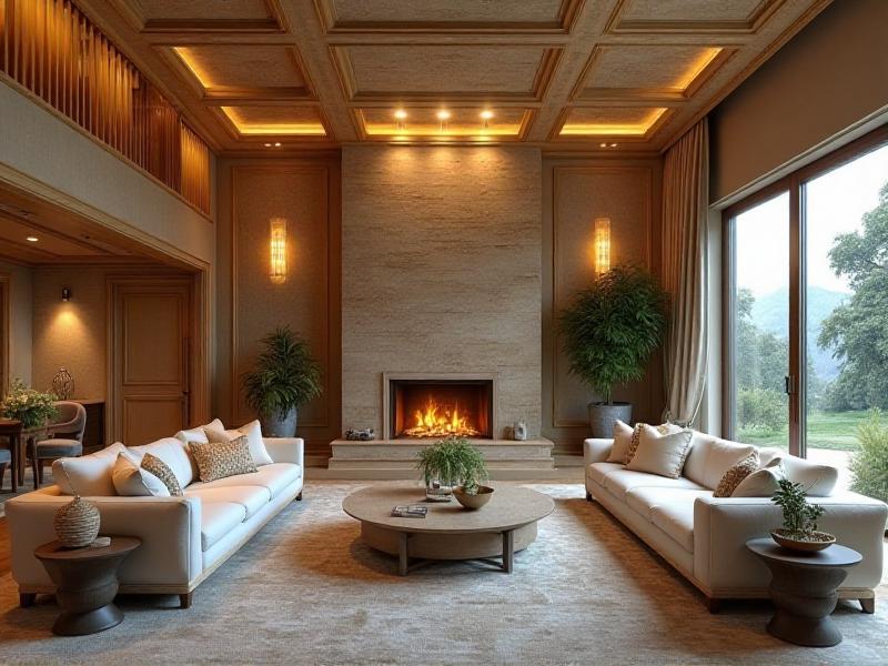 A beautifully designed living room with a large indoor water feature as the centerpiece. The water flows gently, creating a sense of calm and abundance. The room is decorated with natural elements, such as wood and stone, enhancing the harmonious energy of the space.